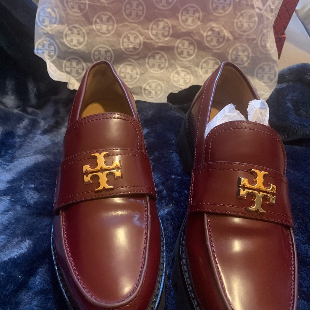 Tory Burch Men's Deep Red Loafers with Gold Accent